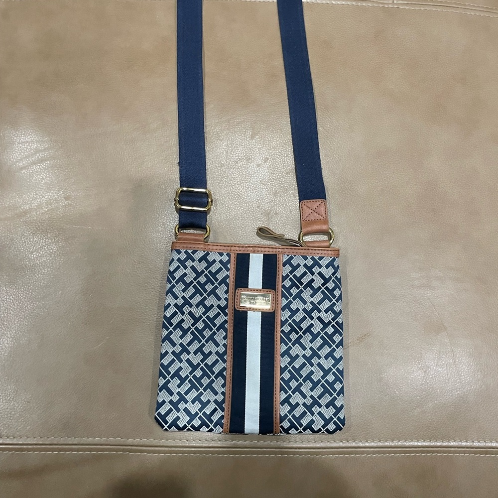 Stylish Blue and Tan Crossbody Bag
